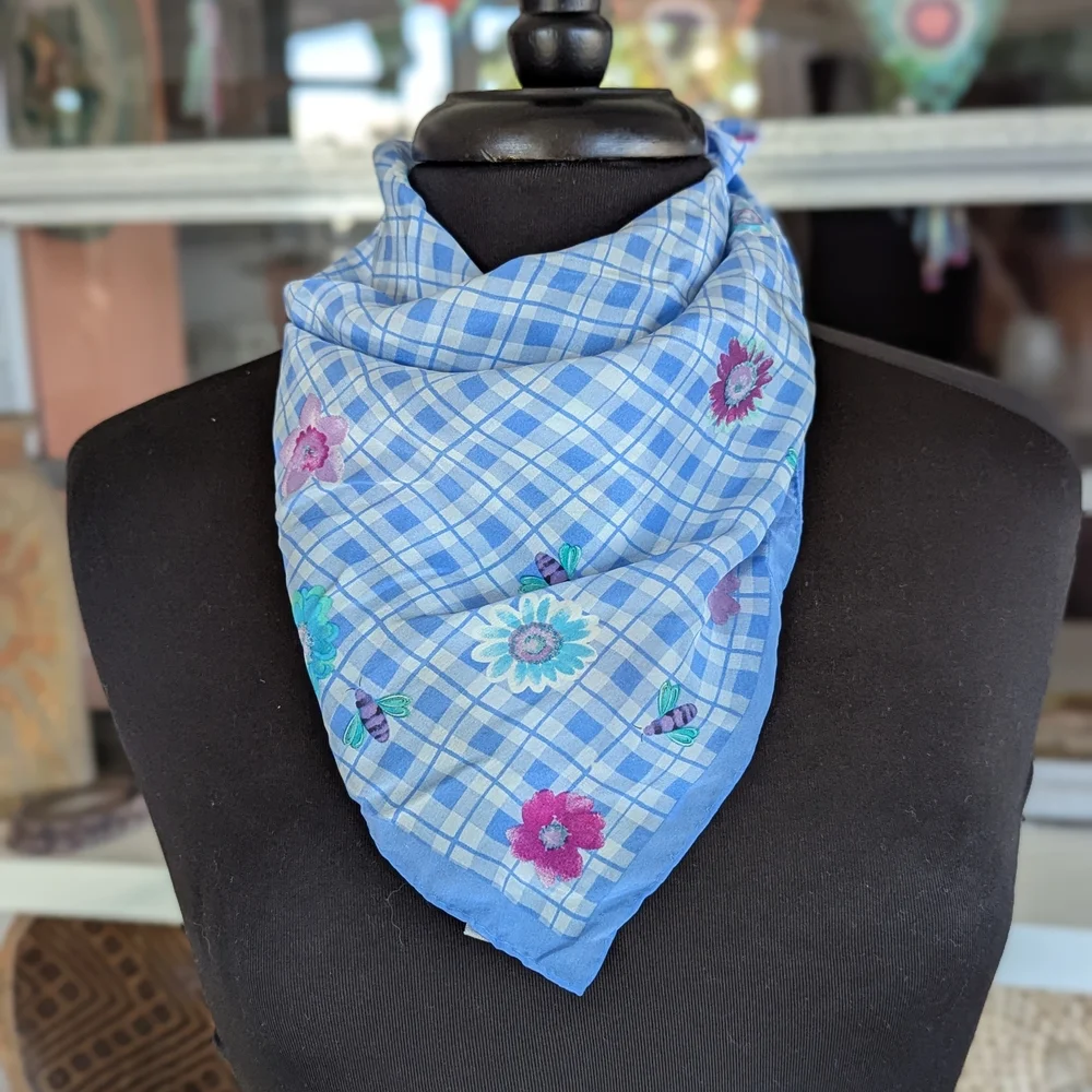 Vintage 80s Elaine Gold Silk Floral Blue Checkered Scarf Cottagecore Boho
